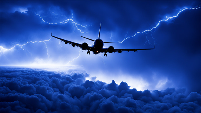 Airplane navigating through a storm, reflecting airline stock volatility