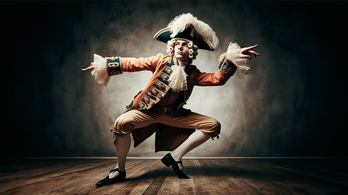 A person in late 18th-century attire performing an eccentric dance