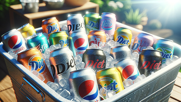 Cans of various diet sodas on ice