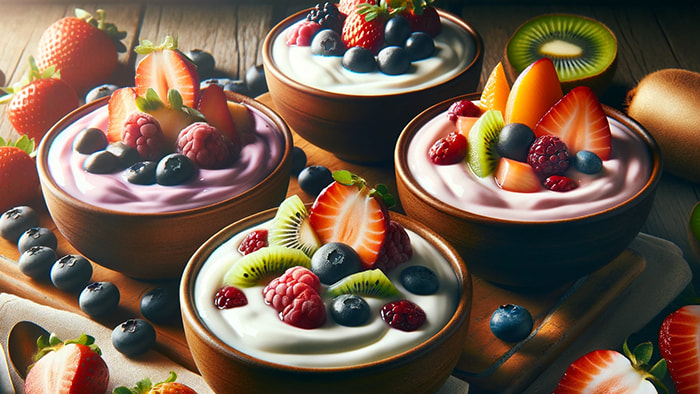 Bowls of various flavored yogurts with fruits