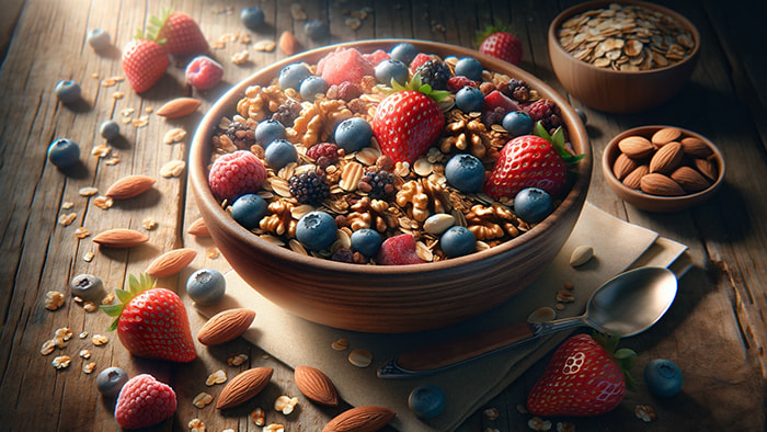 A bowl of granola mixed with fruits and nuts