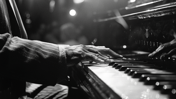 Stevie Wonder smiling with his keyboard