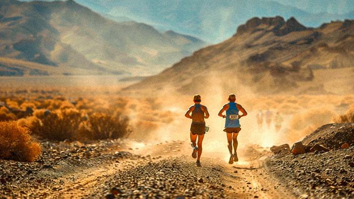 Runners enduring extreme heat in the barren landscape of Death Valley during the Badwater 135