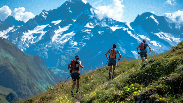 Ultra-runners navigating steep trails with mountainous backdrops in the Hardrock 100