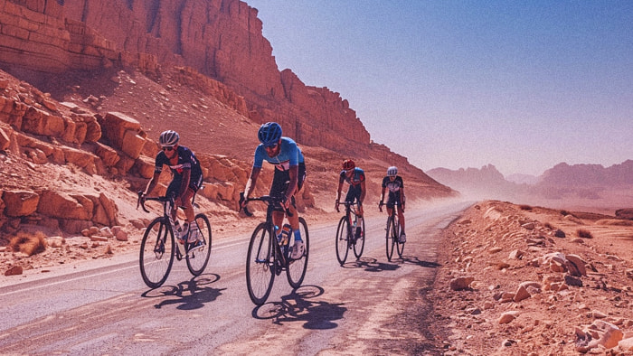 Cyclists pushing through an arid landscape in the Race Across America