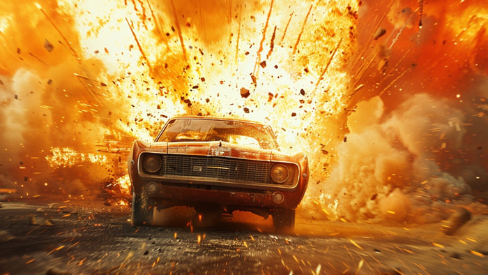 Car exploding dramatically from a single bullet