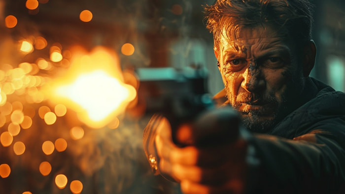 Action hero firing a gun with endless bullets