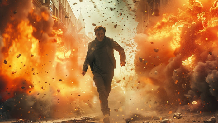 Hero running away from a massive explosion