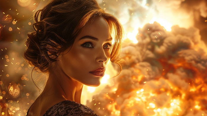 Action heroine emerging from an explosion with perfect hair and makeup